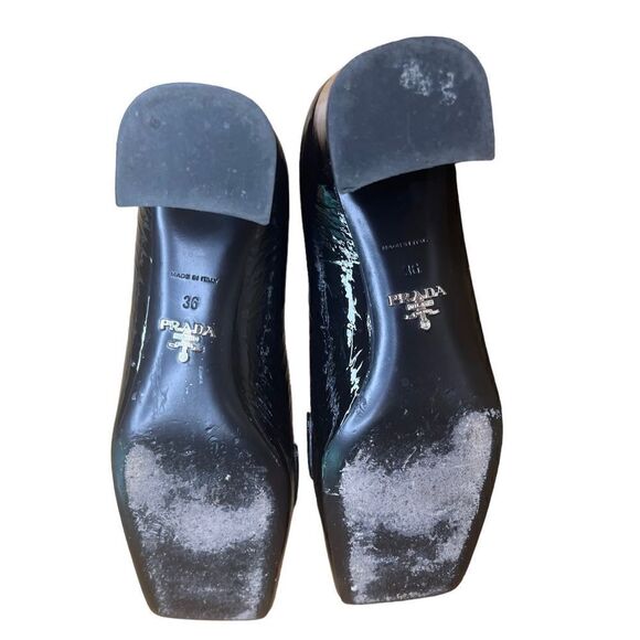 Prada Black Patent Triangle Logo Square Toe & Block Heel Pump Size 36 - Picture 7 of 8